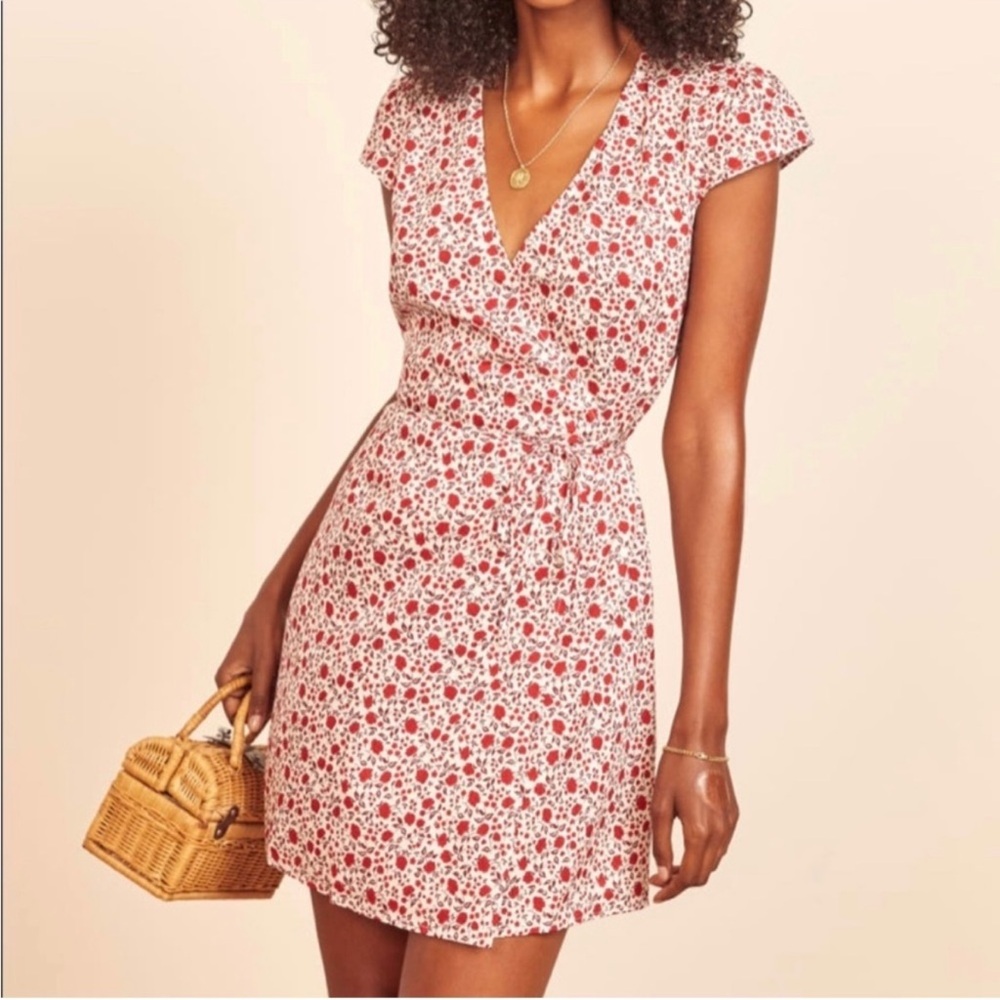 Reformation Brianne Eden Floral Wrap Mini Dress White Red Size L